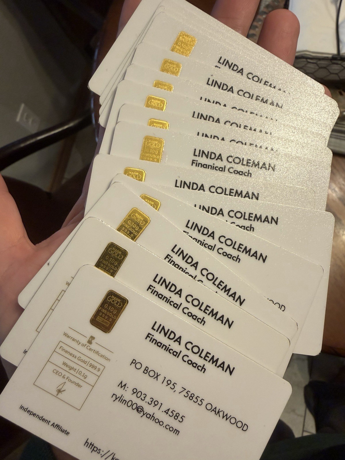 0.1 gram Gold Karatbars Business Card With “Finanical” Error On Card Nadir Gold