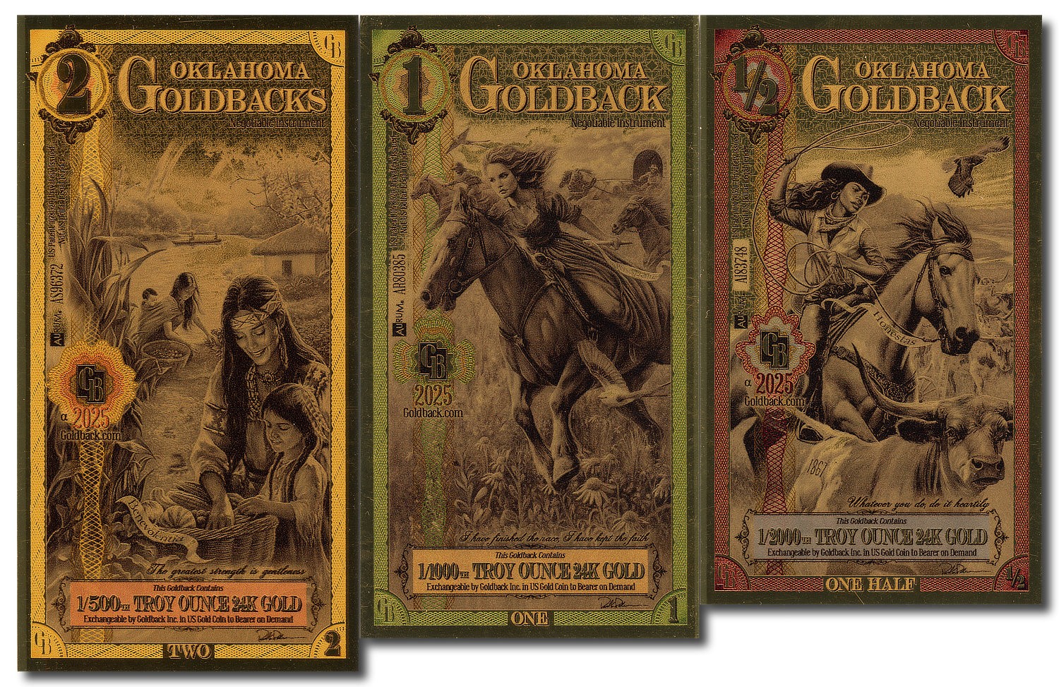 2025 Aurum 1/2, 1, & 2 GB Oklahoma 24K Gold Foil Note Ltd. Ed. Goldback 3pc Set
