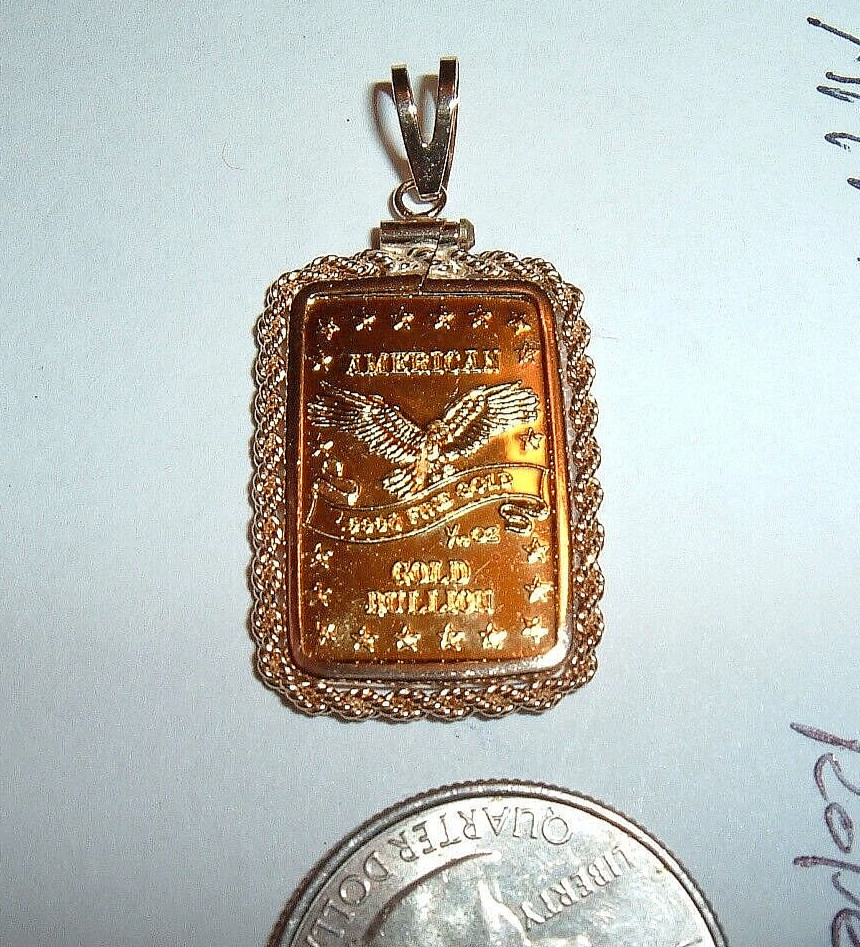 1/10 oz 24K GOLD 999.9 FINE INGOT BAR w / 14K ROPE BEZEL PENDANT CHAIN NECKLACE