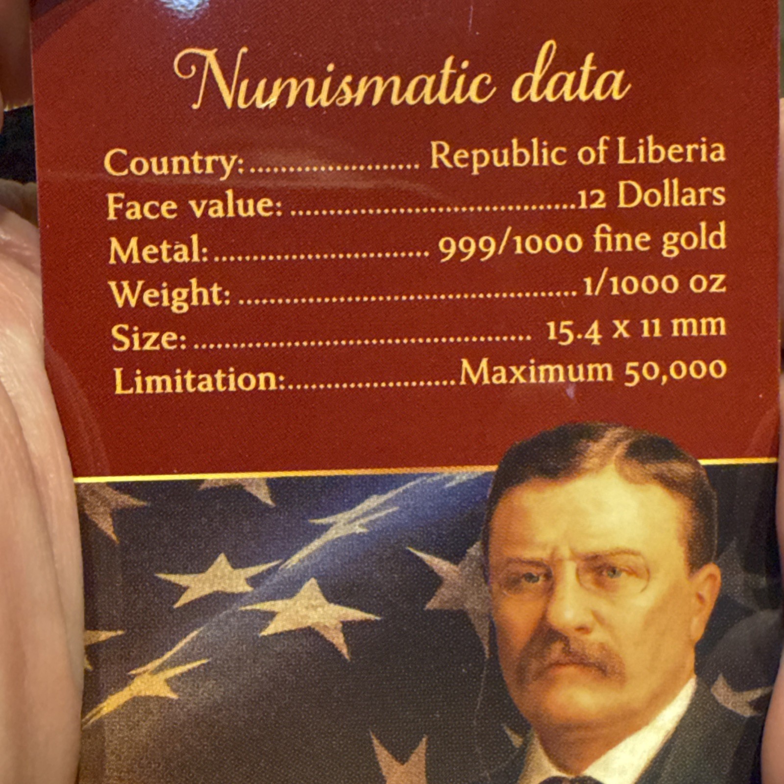 Theodor Roosevelt 1/1000 Oz Gold Coin $12 Liberia in Card 50,000 Mintage