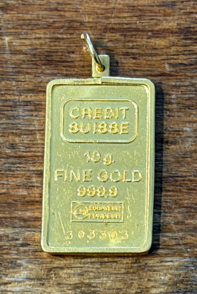 Vintage Credit Suisse 10gm .9999 Gold Bar in 14kt Yellow Gold Pendant 4mm Bale