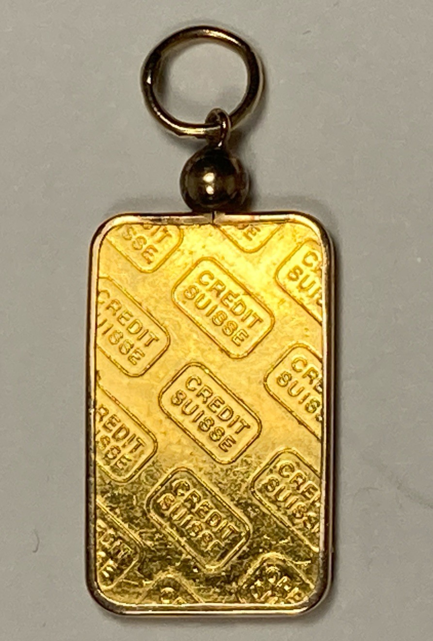 10 gram Gold Bar Set in 14K Bezel and Bale. .4oz AGW.