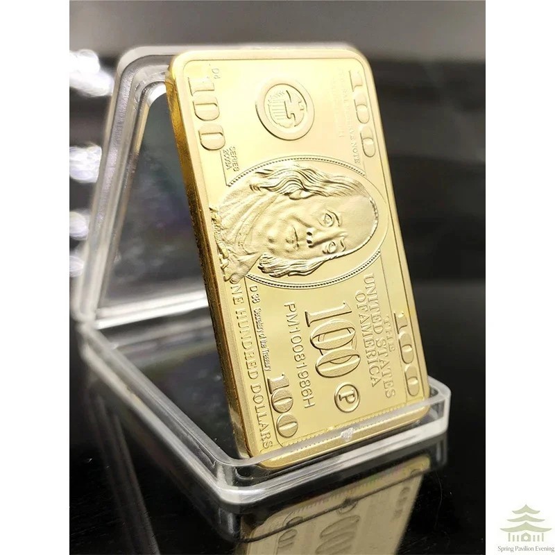 USA 100 Dollar Gold Tone Commemorative Souvenir Bar Metal Collectible w/Gift Box
