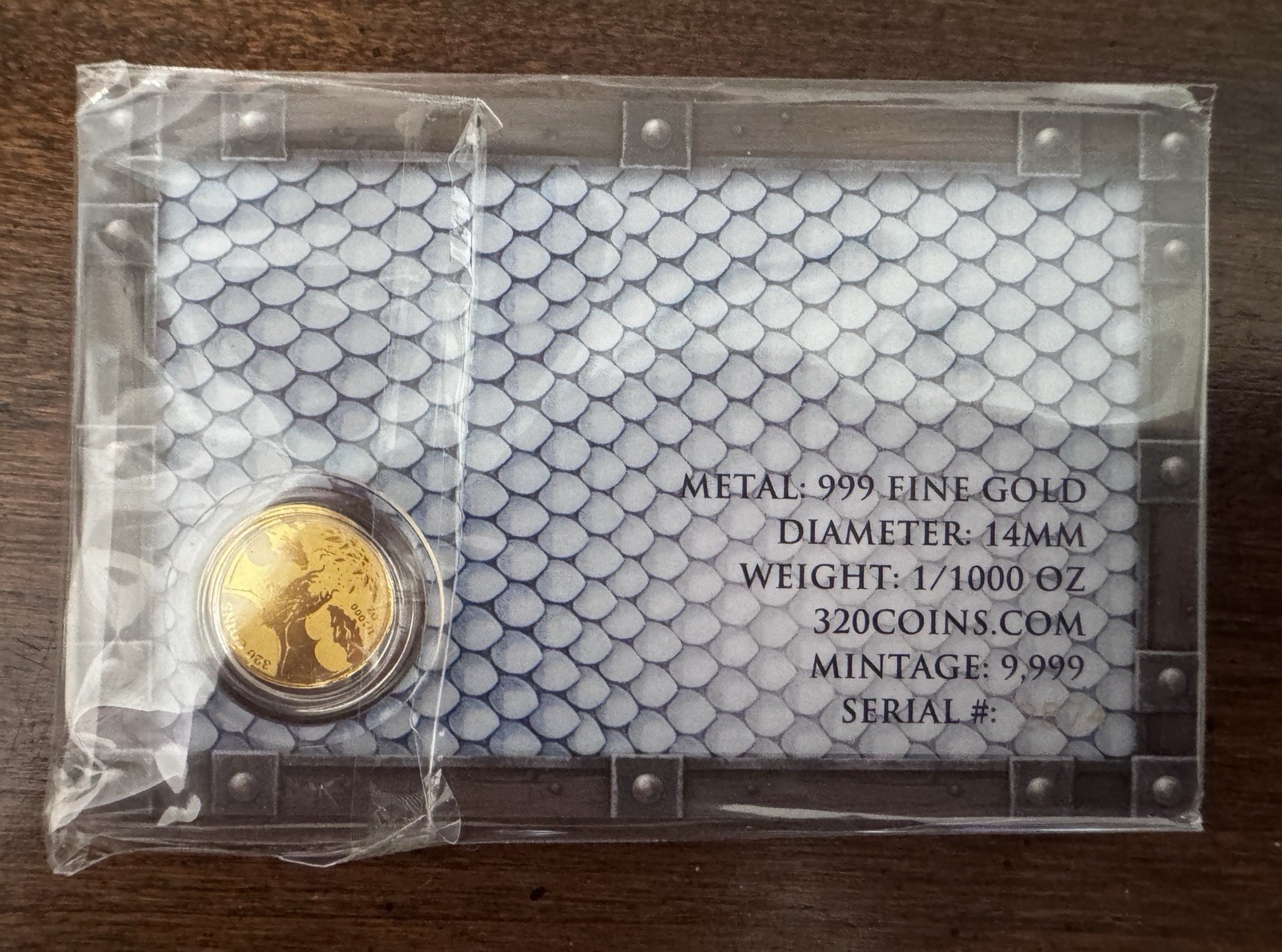 Ice Dragon 1/1000 oz Fine Gold Round in Card (9,999 Mintage) 320 Coins Mint
