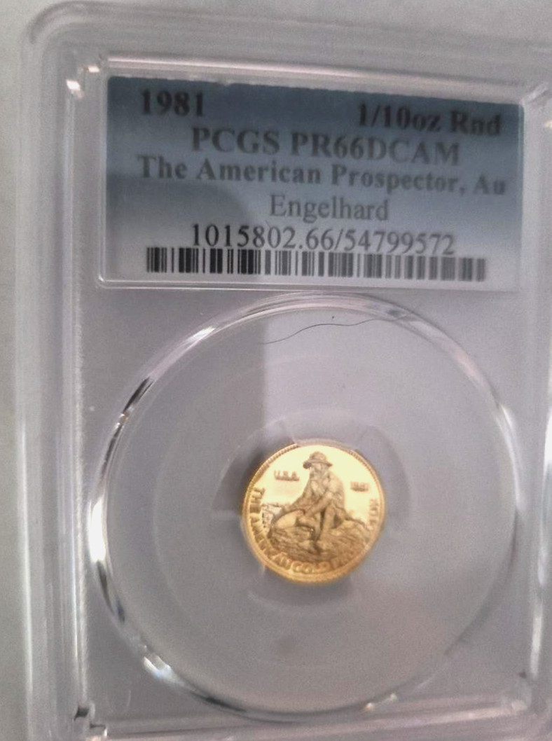 1981 Engelhard Gold 1/10 oz. Gold Prospector Proof PCGS PR66DCAM FINEST KNOWN!