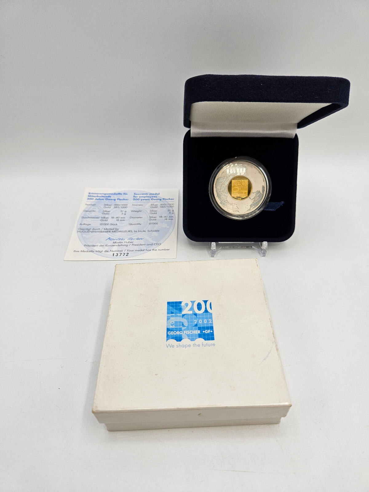 🌟 2002 George Fischer Medal 200 Yr 5g 14K Gold (0.0937 AGW) 31g .900 Silver