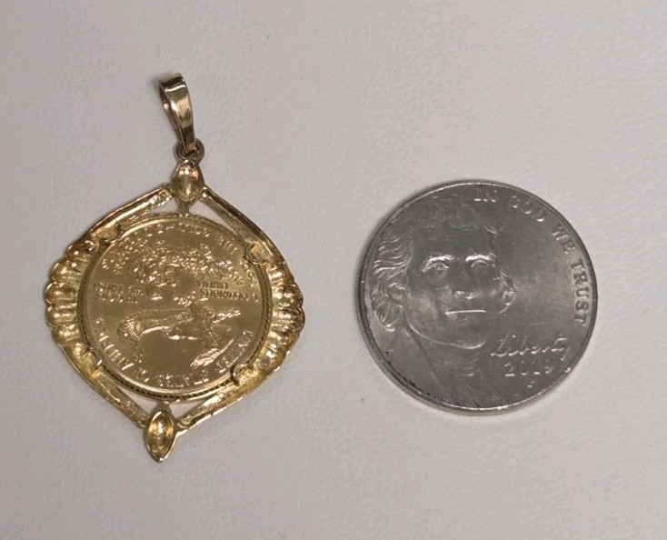 $5 US Eagle Coin 1/10 Oz Pure Gold In Fancy 14k Yellow Gold Frame 4.9 Grams