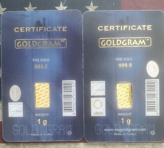 1 Gram Gold Bars (Lot of 2) Istanbul Gold Refinery 999.9 Fine, In Assay.