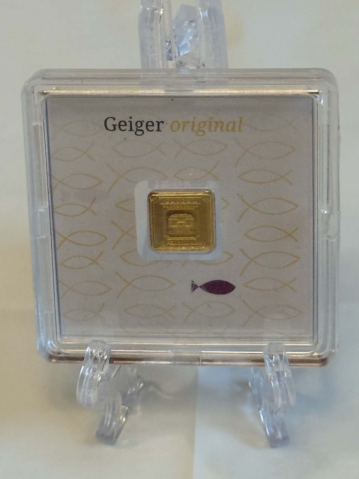 Geiger Edelmetalle 1g Gold Bar Purple Religious Fish Assay .9999 Fine