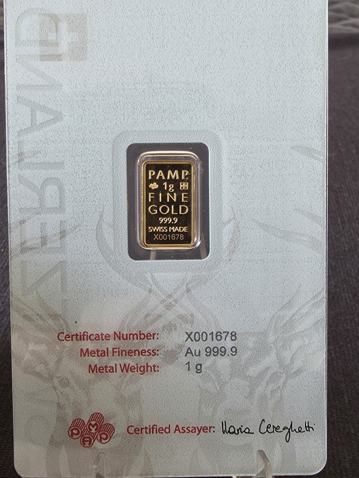 PAMP Suisse 1 Gram Gold Bar, Deer In Assay, 5000 Mintage 999.9 Pure Gold