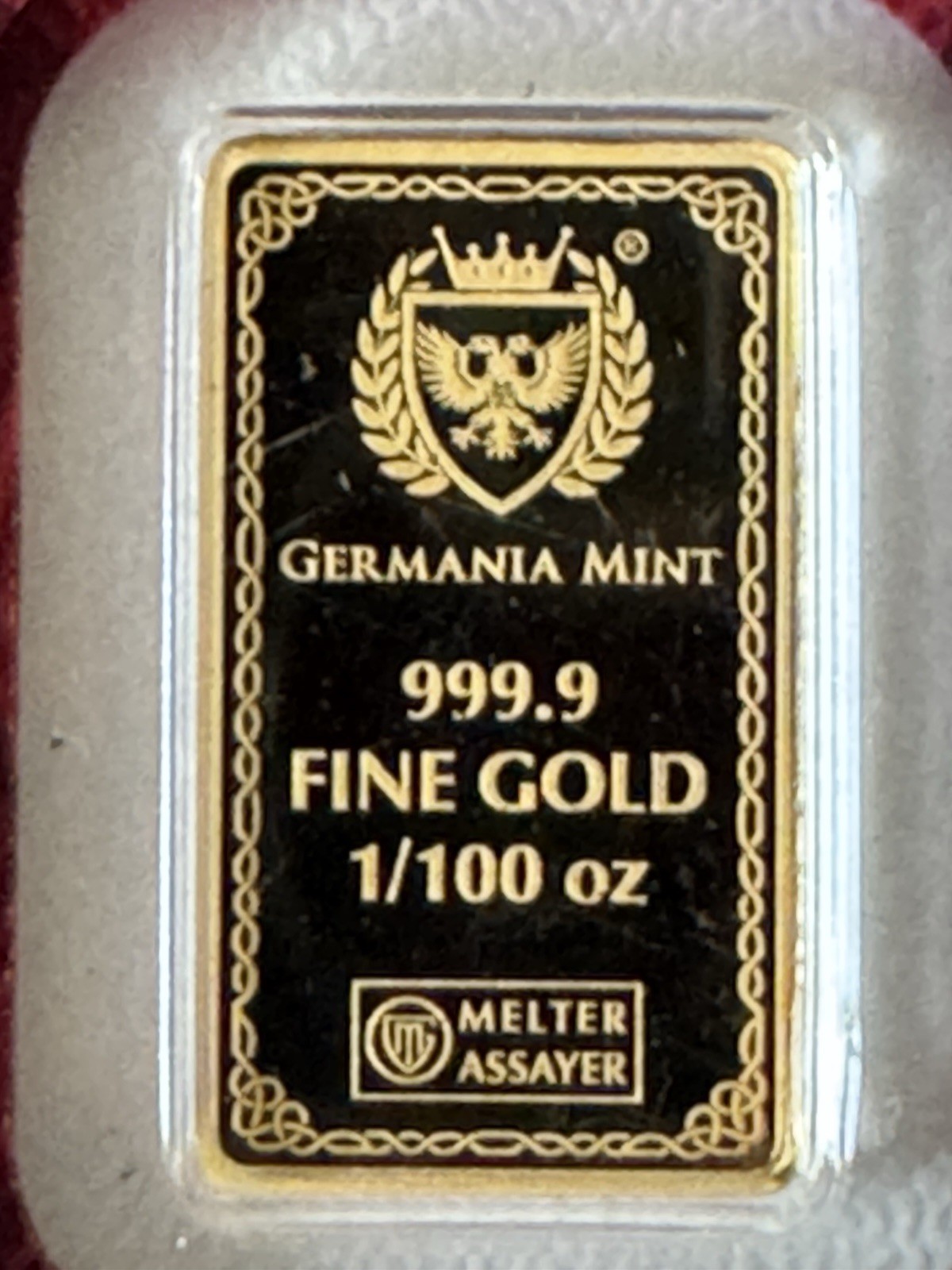 Germania Mint FRIGG 1/100 oz Gold Bar .9999 Fine in Assay Card