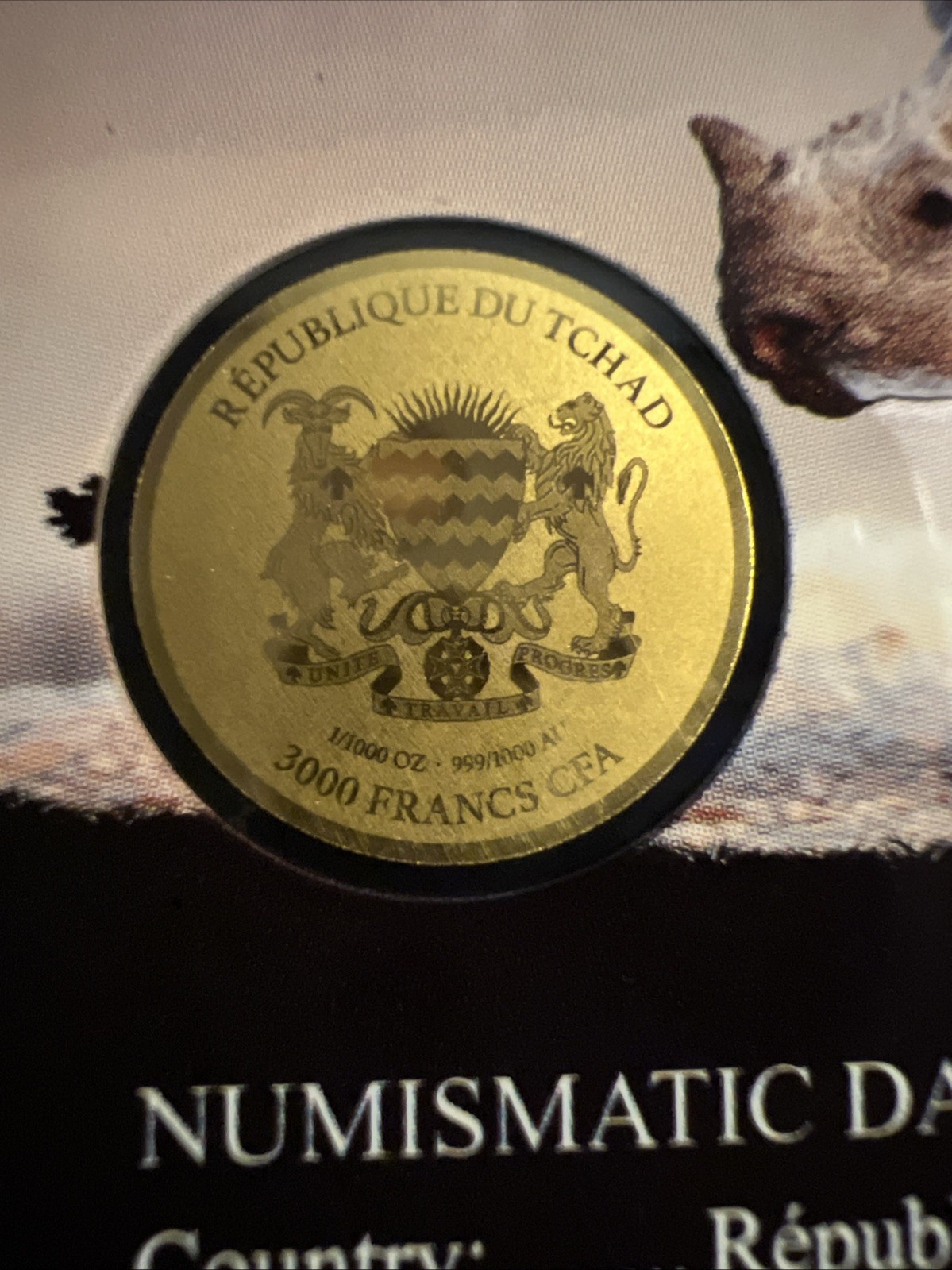 GOLD 1/1000TH Oz .999 FINE Round AFRICAN RHINO TCHAD COIN Pure 24kt 3000 Francs