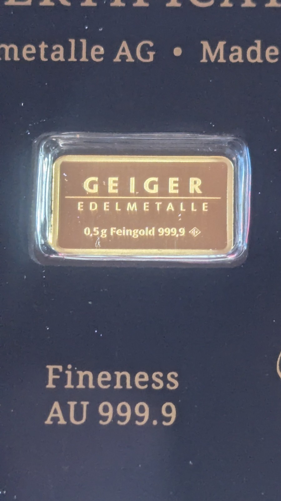 Geiger Schloss Guldengossa Vintage Edition Carded Gold Bar .5 Gram .999 Fine