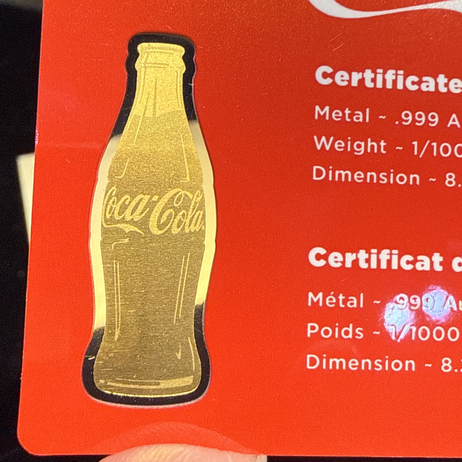 1/1000TH OZ GOLD CON CARD COCA COLA ICONIC BOTTLES
