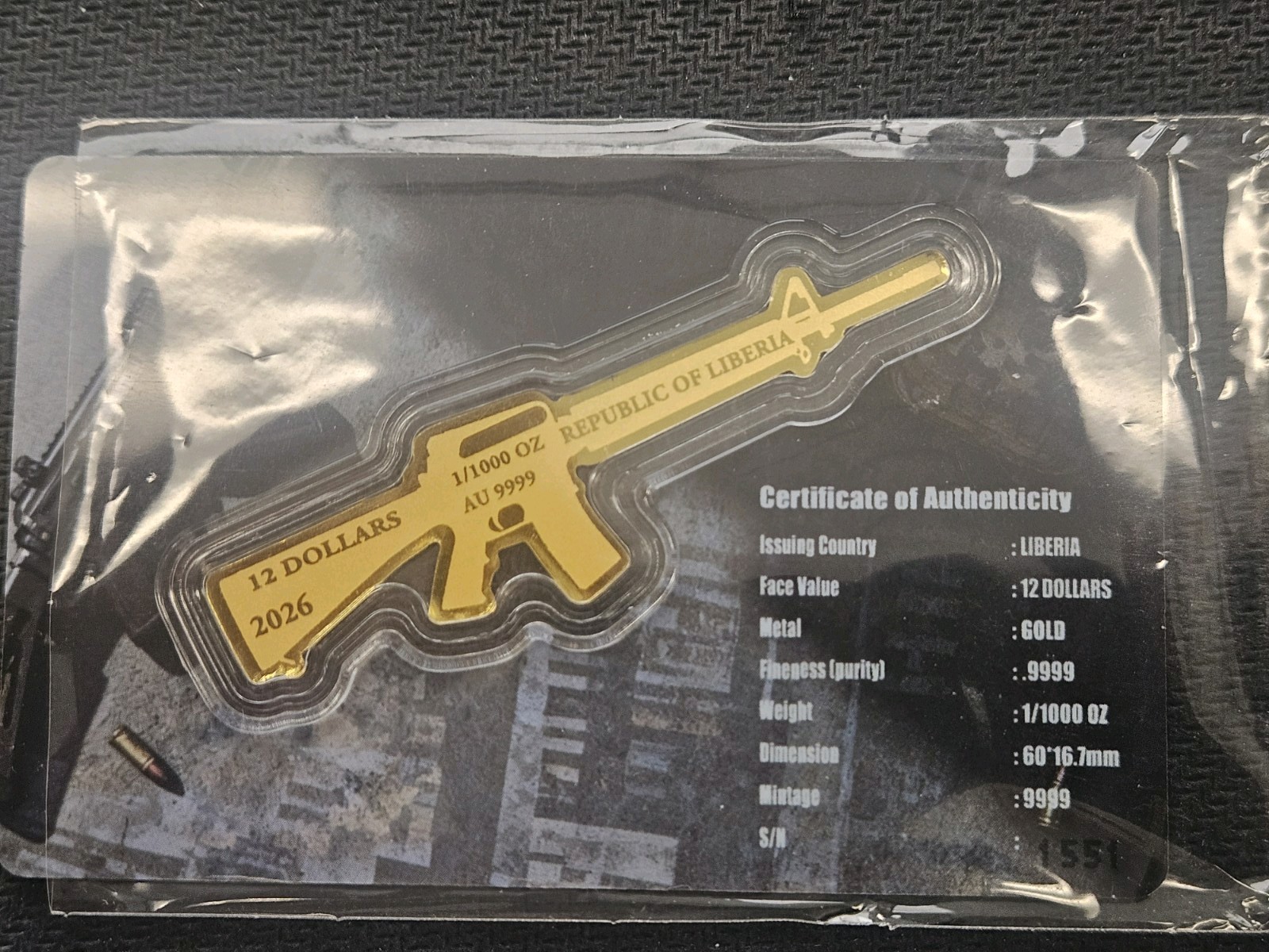 2026 Liberia M16 Gun Shaped 1/1000 oz .9999 Gold Coin in Card- Mintage of 9999