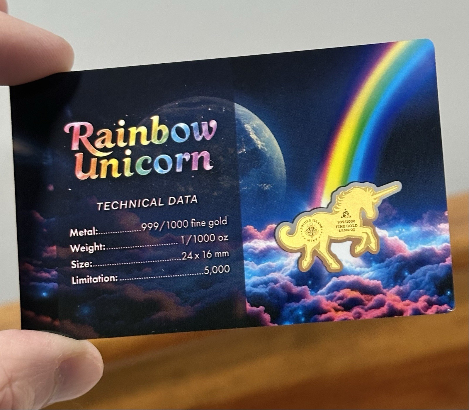 Rogues Island Mint Rainbow Unicorn Shaped 1/1000 oz Gold Card Mintage 5,000