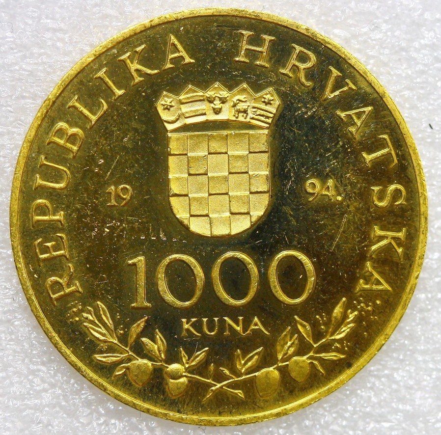 1994 POPE JOHN PAUL II 1000 KUNA PROOF GOLD (.986) 6.93g 25mm ROUND KM#33 FR#3