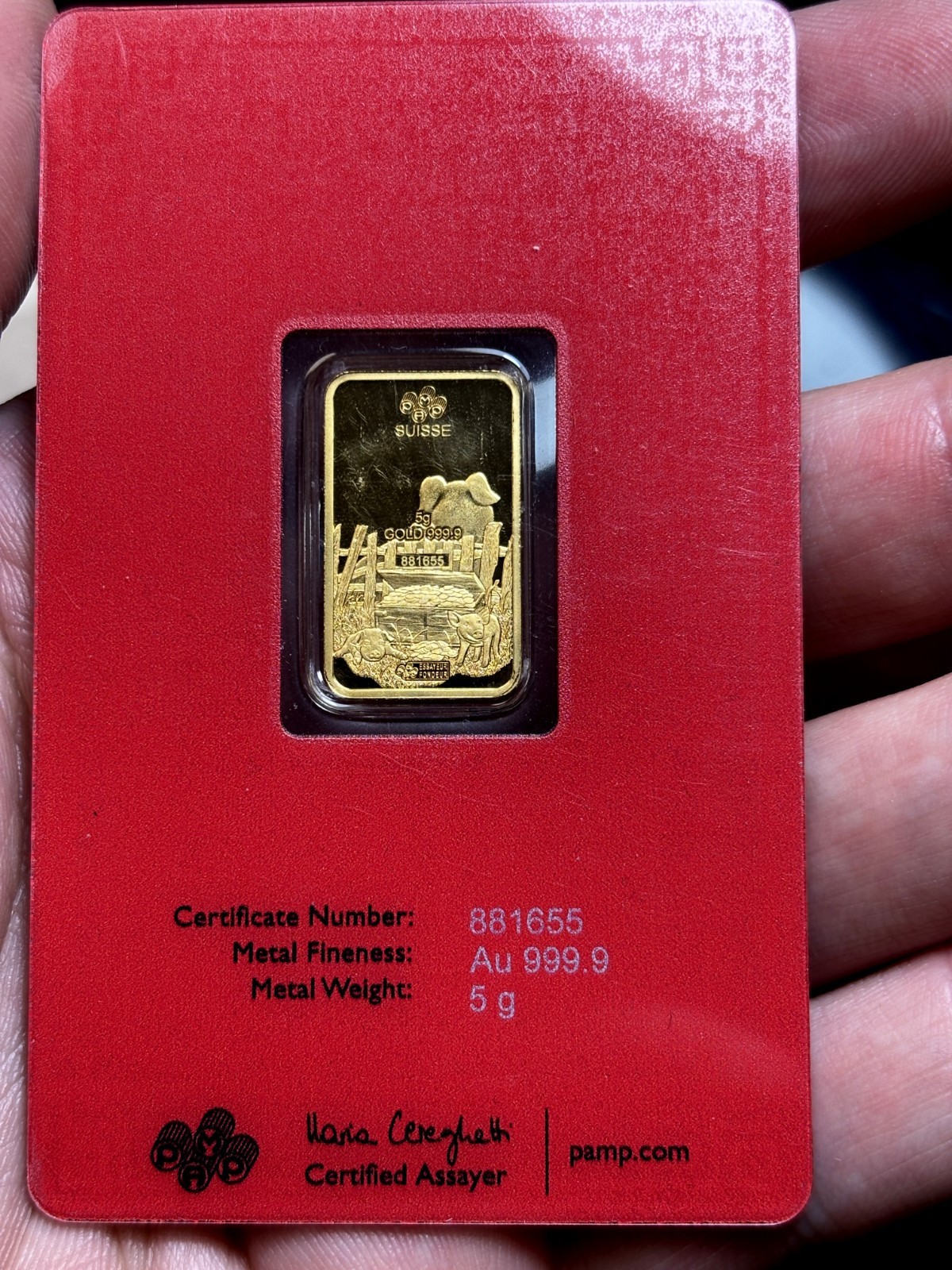 5 GRAM GOLD BAR ✪ PAMP SUISSE LUNAR PIG ✪ CARDED 5g 999 FINE ◢TRUSTED◣
