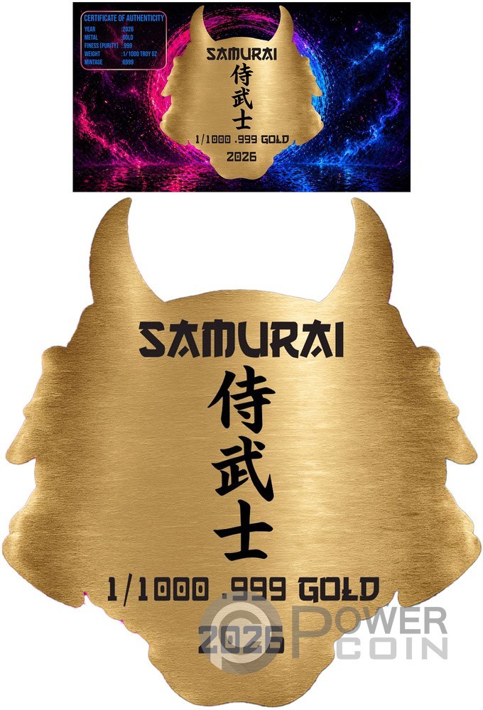 SAMURAI MASK Shaped 1/1000 Oz Gold Medal