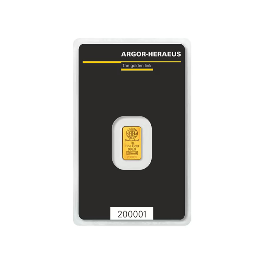 1 gram Gold Bar Argor Heraeus Kinebar Hologram 999.9 Fine in Assay Card