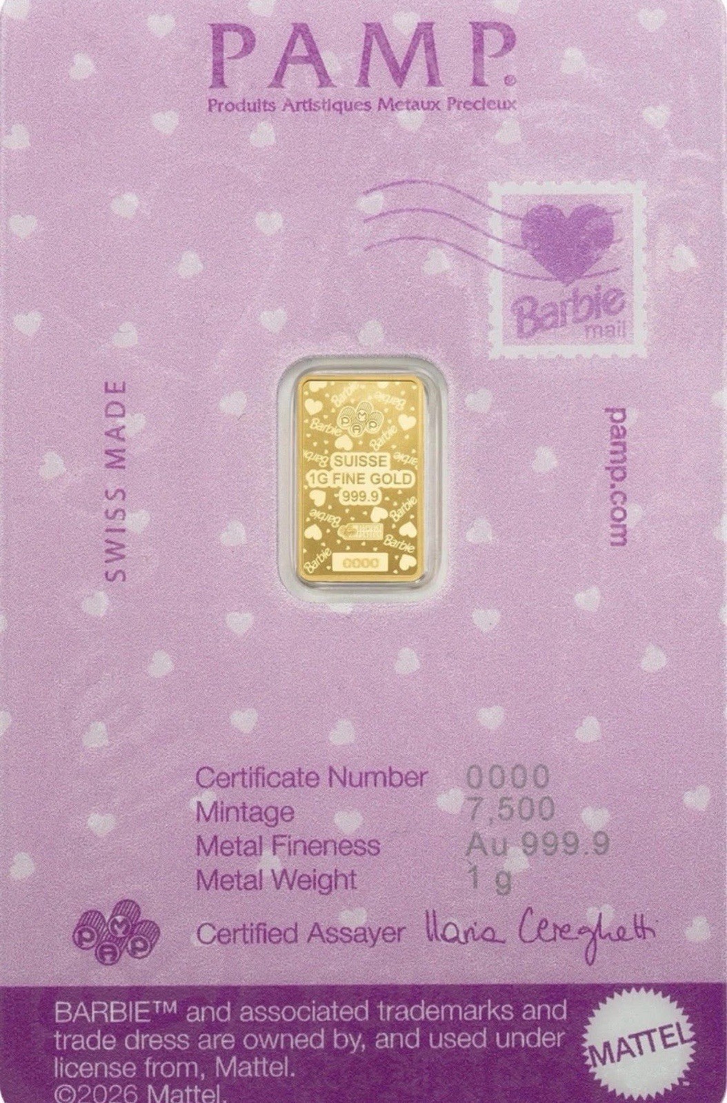 PAMP Suisse Barbie™ 1 Gram .9999 Fine Gold Bar – 5,000 Mintage