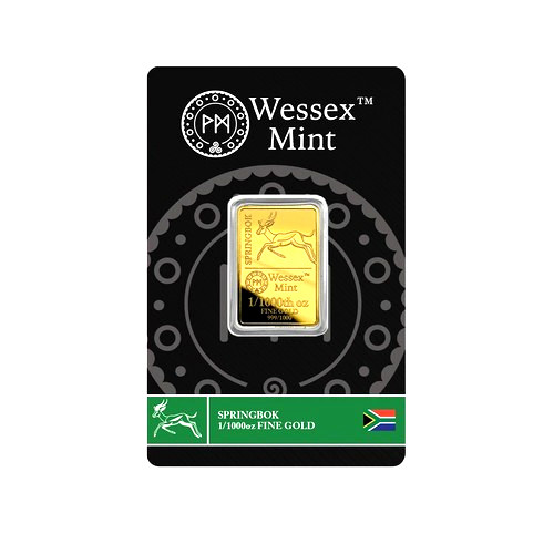 New 1/1000th oz Springbok Fine Gold 999.9 Bullion Bar in Sleeve by Wessex Mint