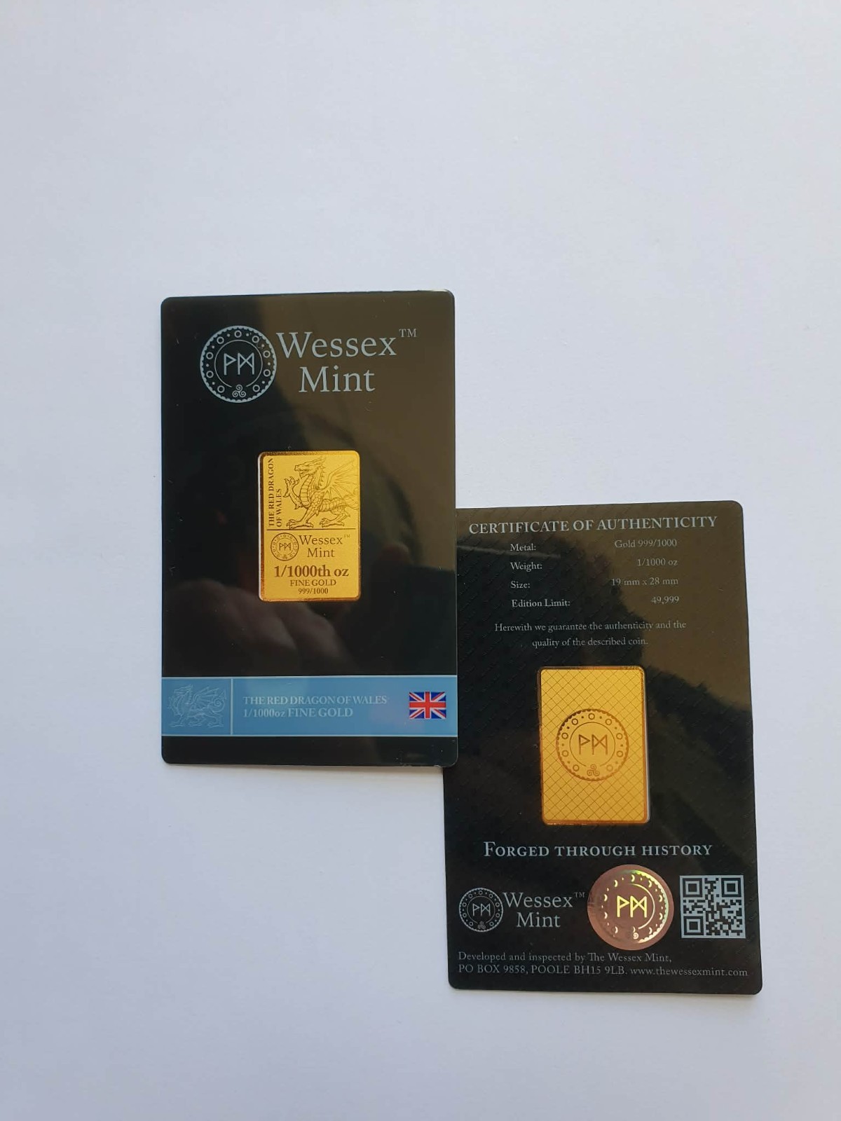 1/1000 oz Red DRAGON of Wales 999/1000 Fine Gold Bars Boxed Wessex Mint Rare