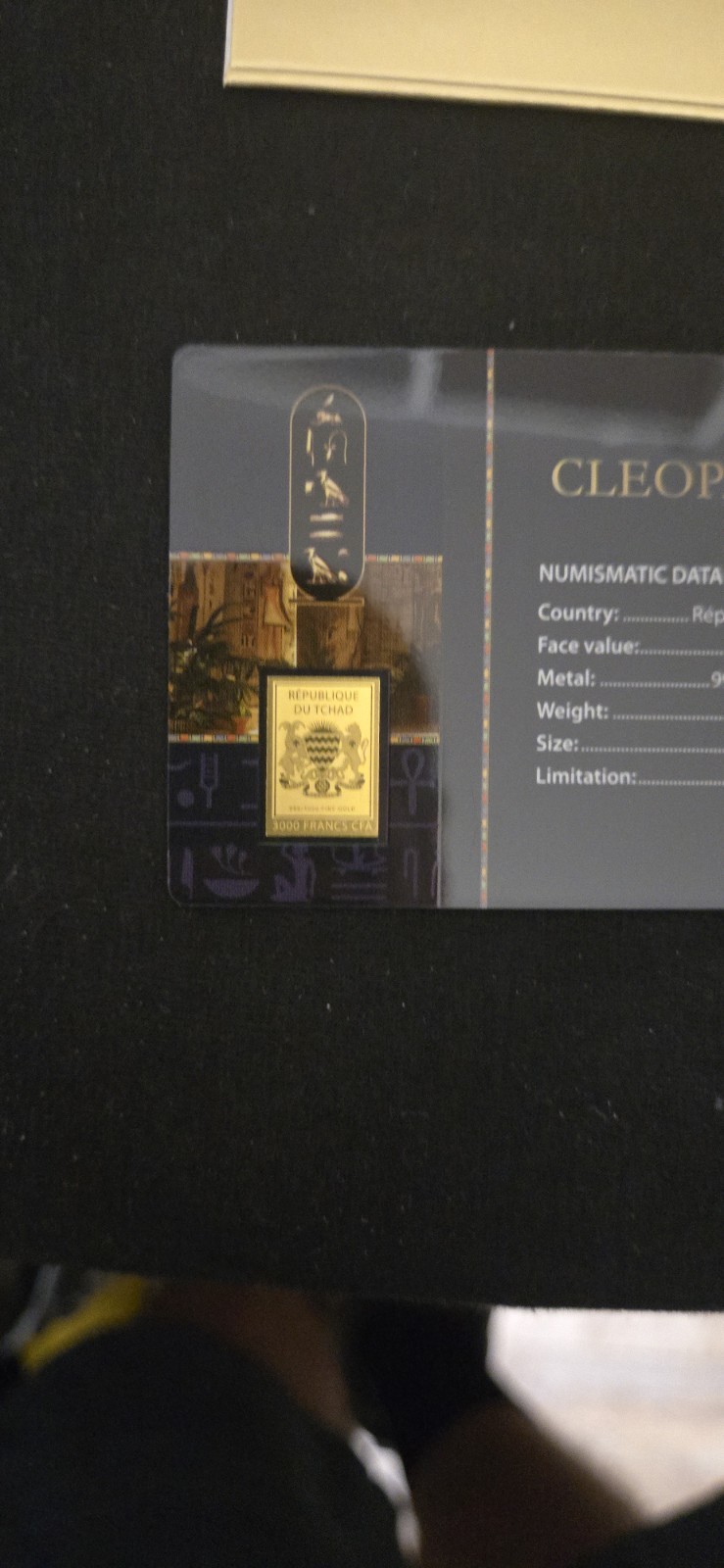 CLEOPATRA 1/1000 Oz .999 Gold in Coin card 3000 Francs Chad 2024