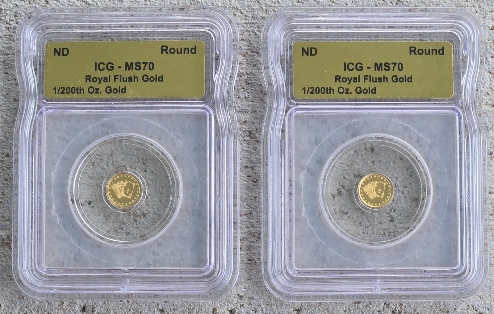 Lot Of 2 ~ 1/200th Oz 9999 Gold Royal Flush ICG Certified MS70 Gold Label Rounds