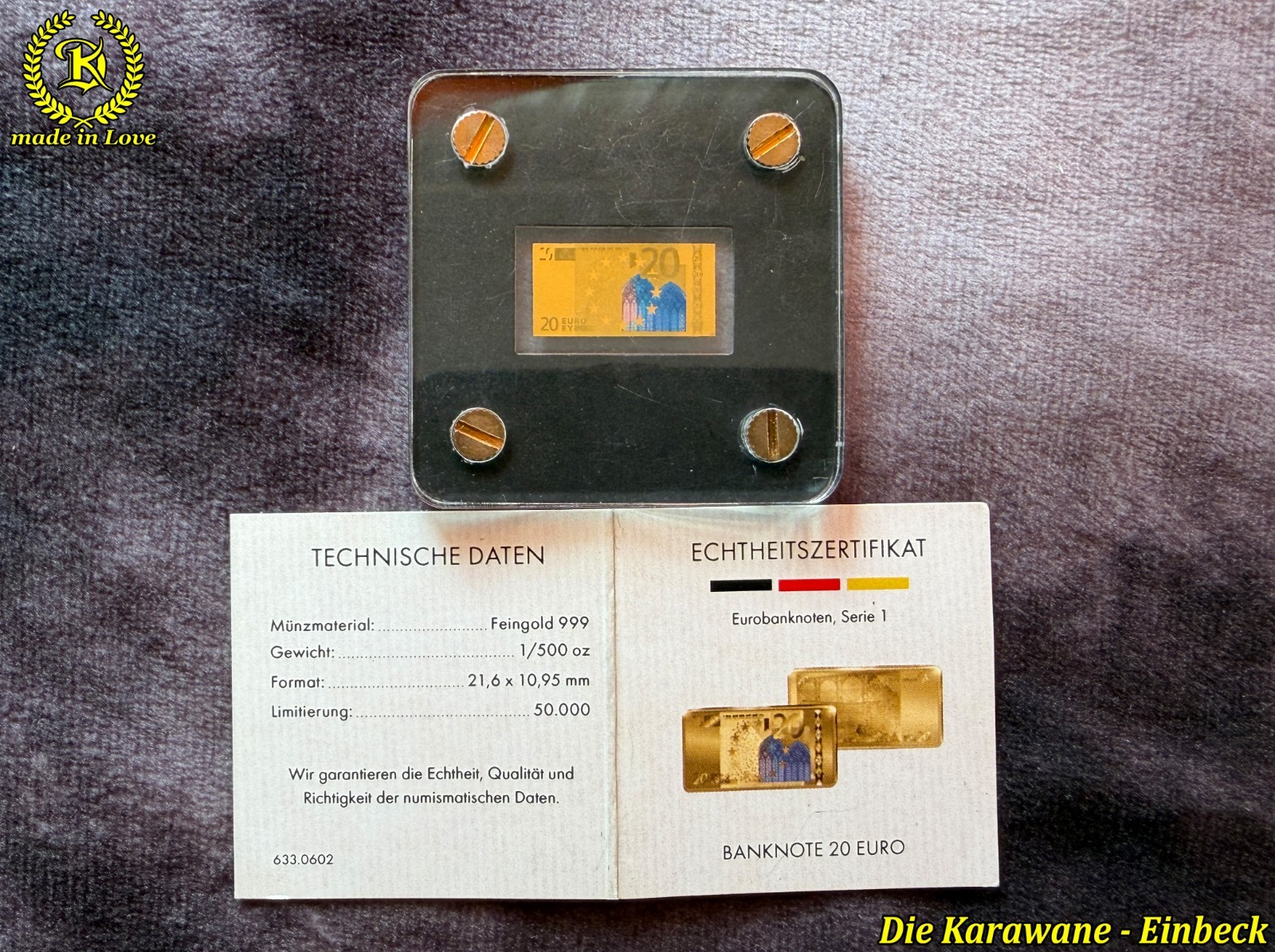 Gold Bar 20 Euro Banknote 999 Fine Gold 1/500 oz Miniature incl. Certificate