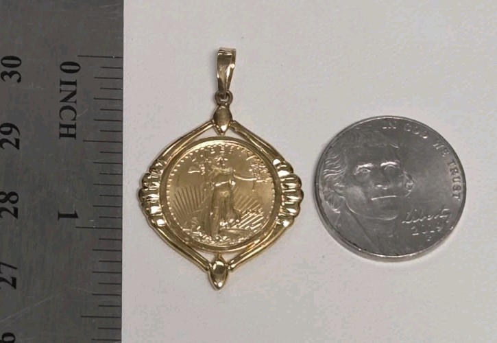 $5 US Eagle Coin 1/10 Oz Pure Gold In Fancy 14k Yellow Gold Frame 4.9 Grams
