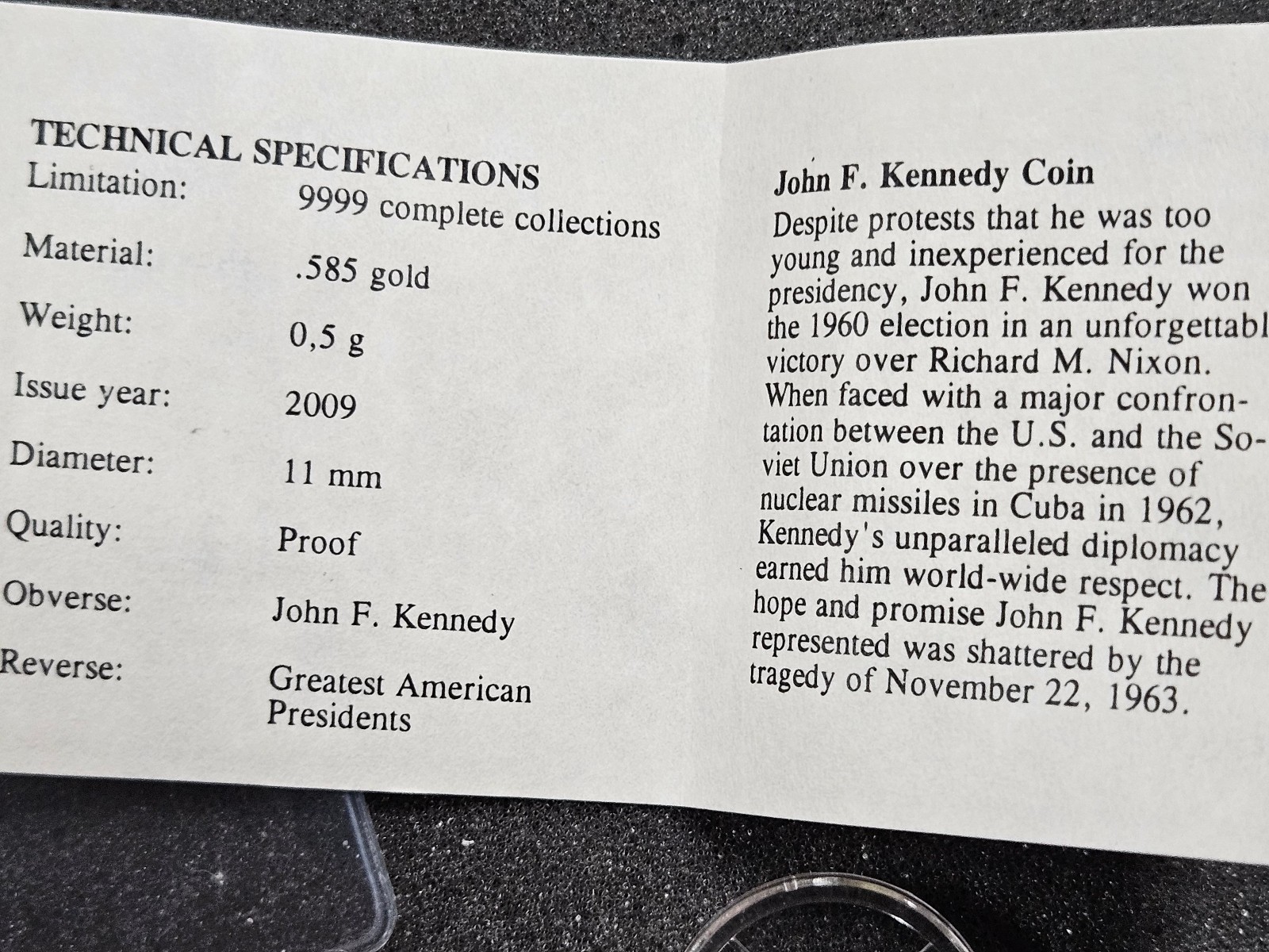 🌟2009 AMERICAN MINT 1/2 g 14k Gold 0.585 Round JOHN F. KENNEDY JFK PRESIDENTS