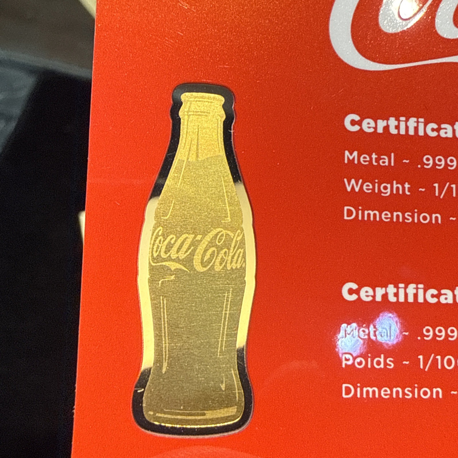1/1000TH OZ GOLD CON CARD COCA COLA ICONIC BOTTLES