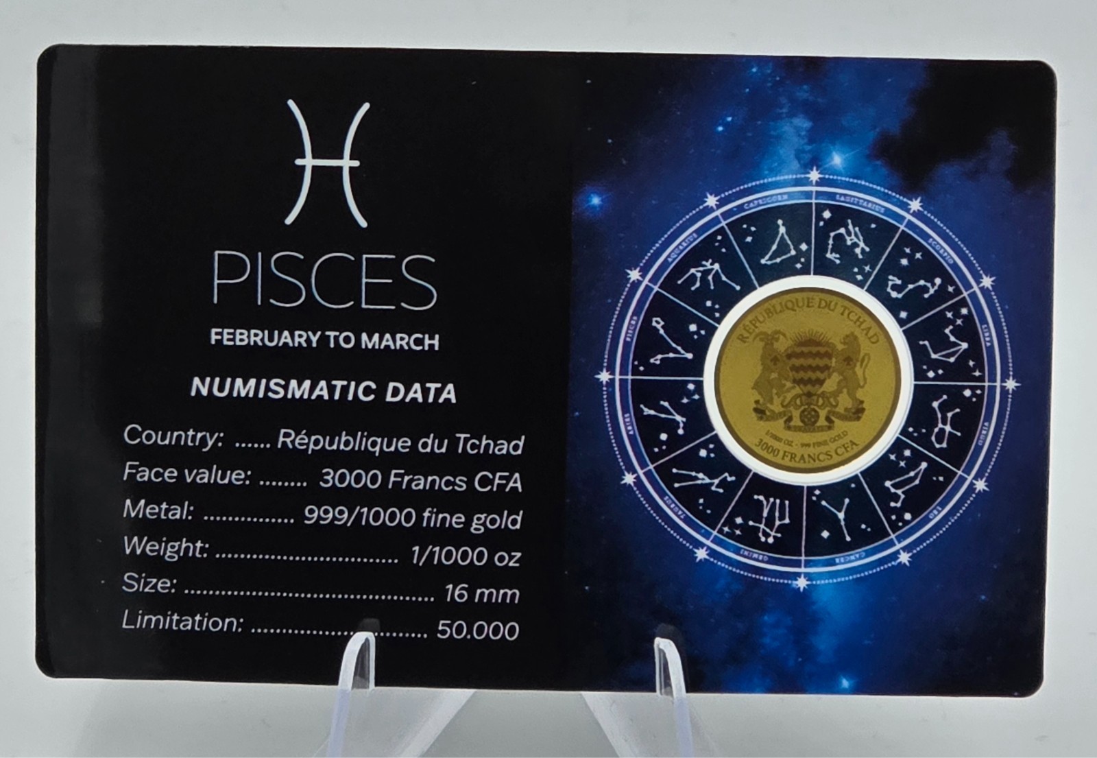 ZODIAC SIGNS PISCES 1/1000 Oz Gold 999 Coin card