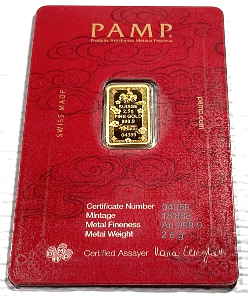 Pamp Suisse Lucky Cat 2.5 Gram .9999 Gold Bar – w/ Assay & Sleeve #4359/18888