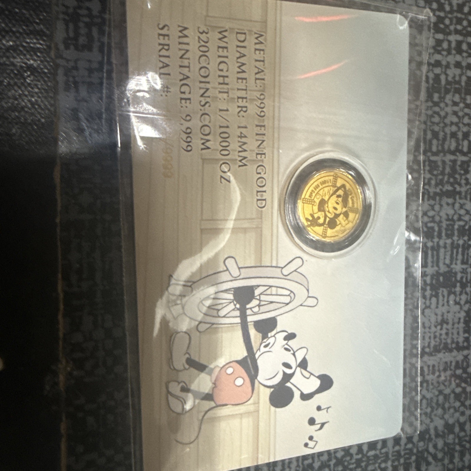 Steamboat Willie Mickey Mouse Gold 1/1000 oz 999 Fine Round in Card –
