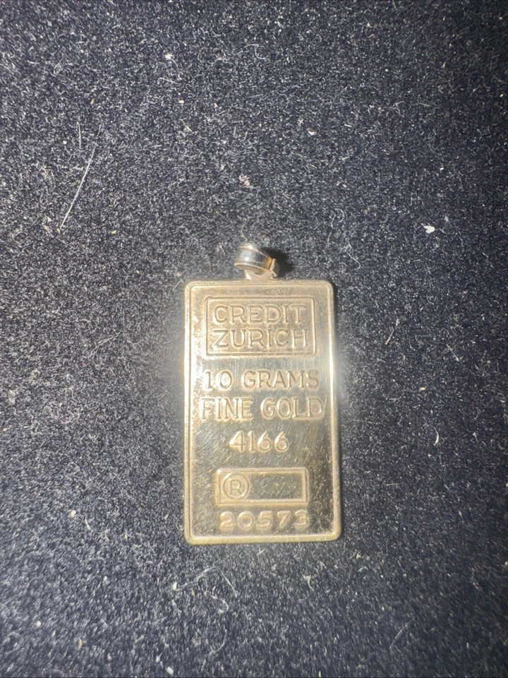 SOLID FINE 10K GOLD .416 BAR 1 GRAM INGOT CREDIT ZURICH PENDANT 2MM BAIL CHARM
