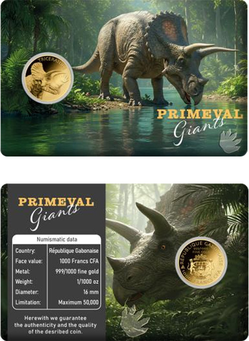 Triceratops Dinosaur Primeval Giants 1/1000 Oz Gold 999 Coin card