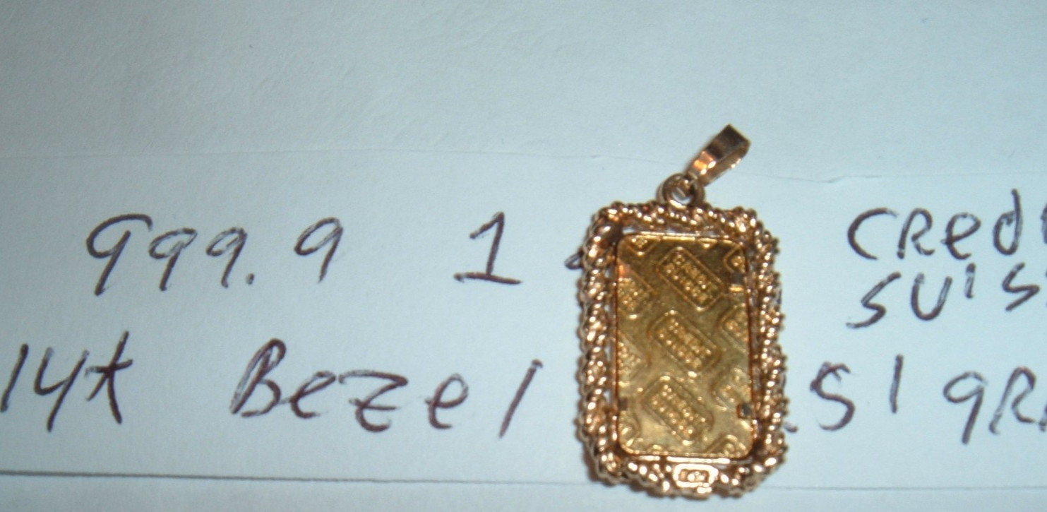24K GOLD Credit Suisse 999.9 FINE INGOT BAR 14K ROPE BEZEL PENDANT CHAIN 2.51g