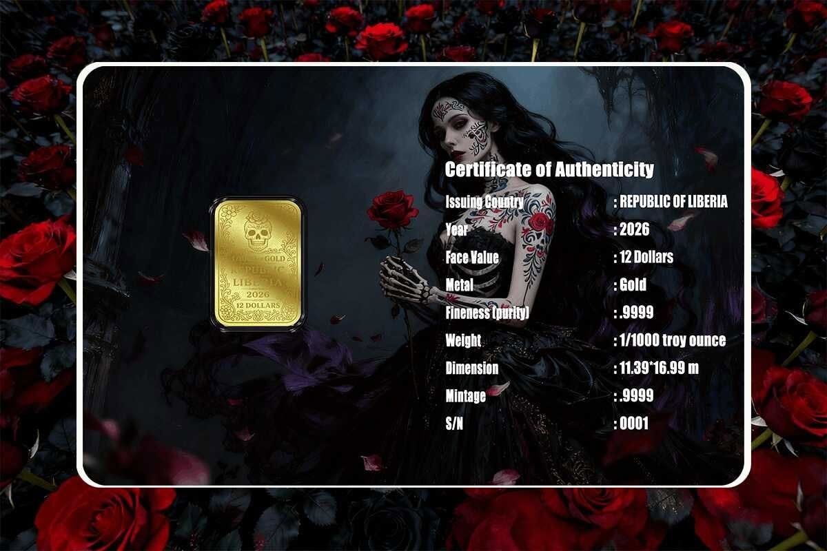 2026 Liberia Dia De Los Muertos Roses 1/1000oz Gold Coin in Card (9,999 Mintage)