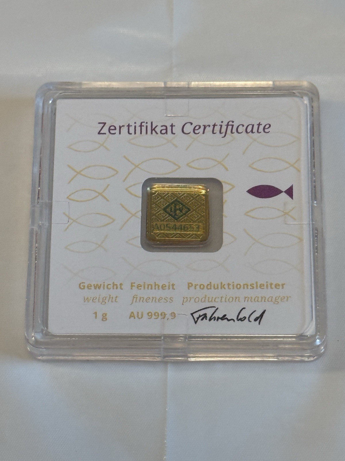 Geiger Edelmetalle 1g Gold Bar Purple Religious Fish Assay .9999 Fine