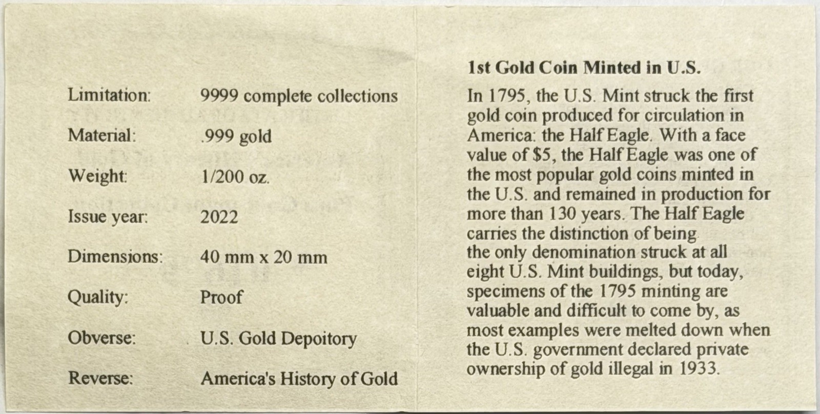 2022 1st Gold Coin Minted In US 1/200 oz Gold Bar