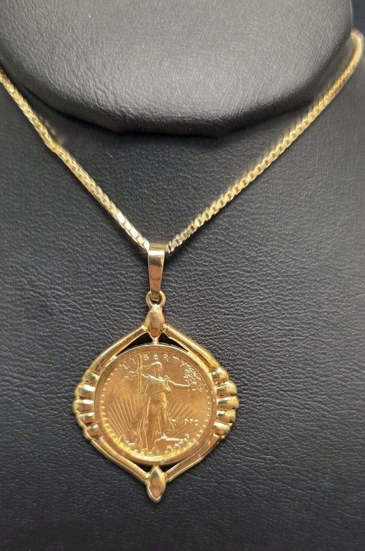 $5 US Eagle Coin 1/10 Oz Pure Gold In Fancy 14k Yellow Gold Frame 4.9 Grams