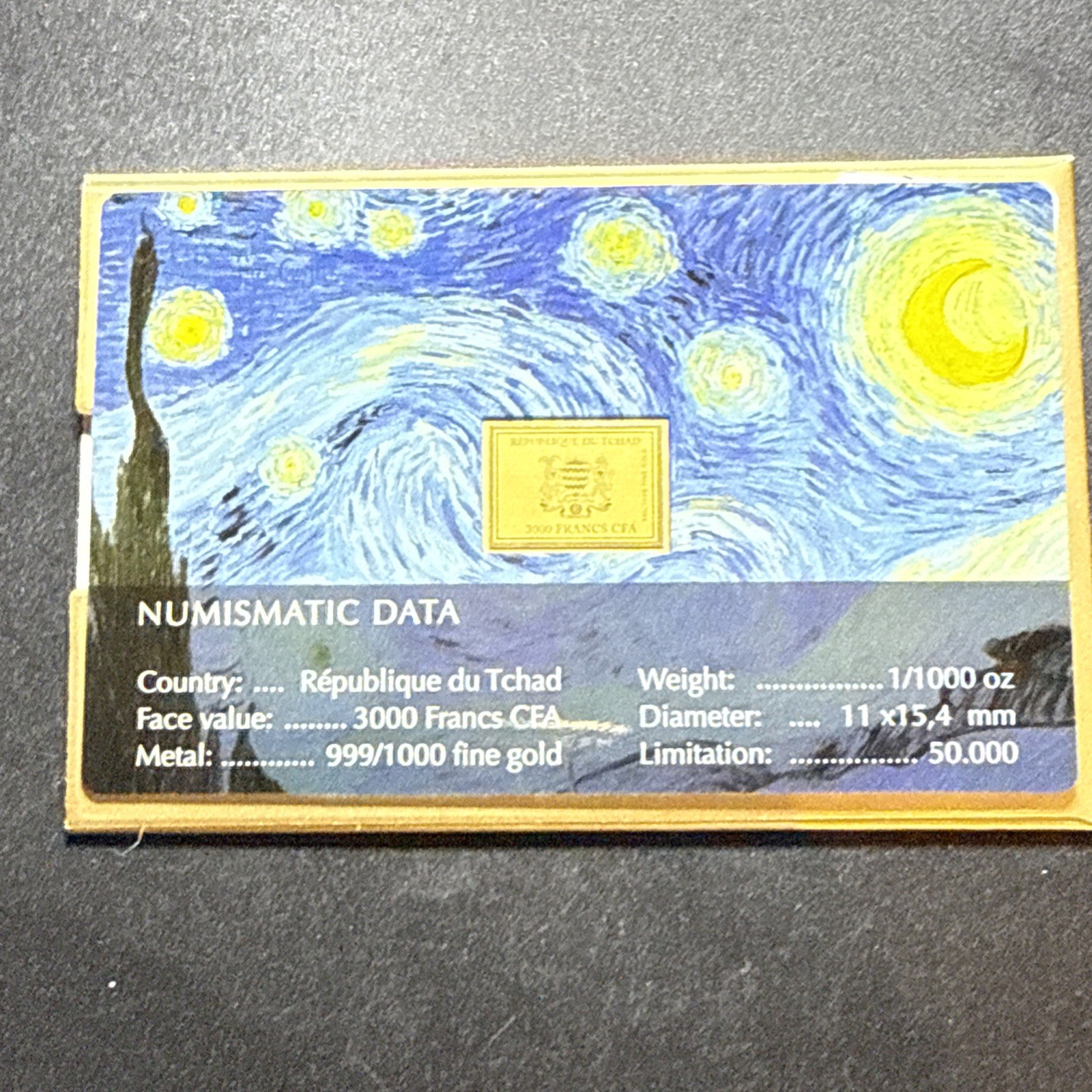 2025 Vincent Van Gogh Starry Night 1/1000Oz .999 Gold Coin card 3000 Francs Chad