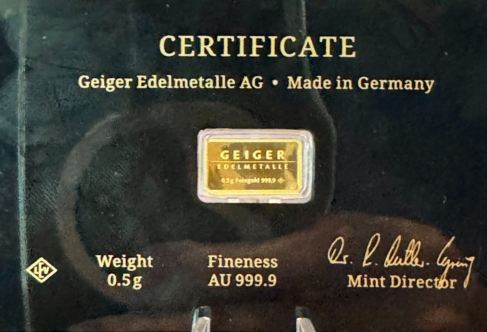 Geiger Schloss Guldengossa Vintage Edition Carded Gold Bar .5 Gram .999 Fine