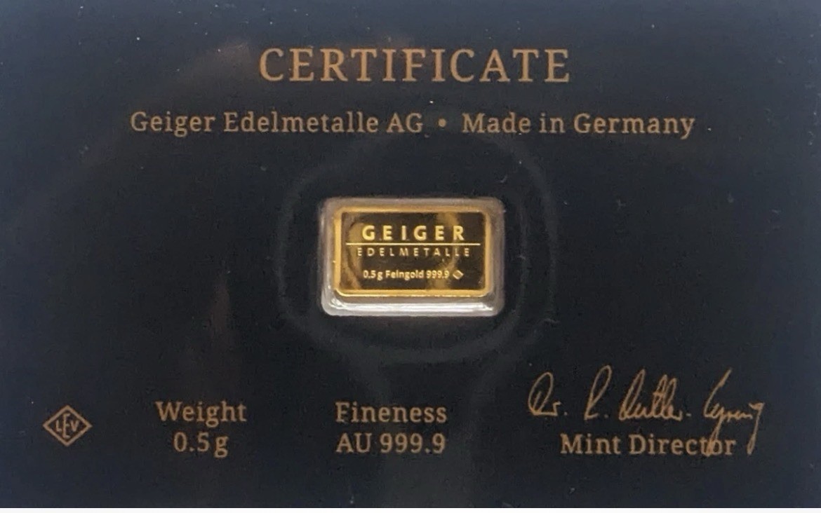 Geiger Schloss Guldengossa Vintage Edition .9999 Fine Gold Bar .5 Gram w/ Card
