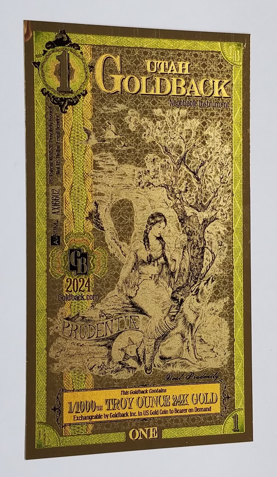 2024 1 Utah Goldback 1/1000th Troy Oz 24K Gold Note