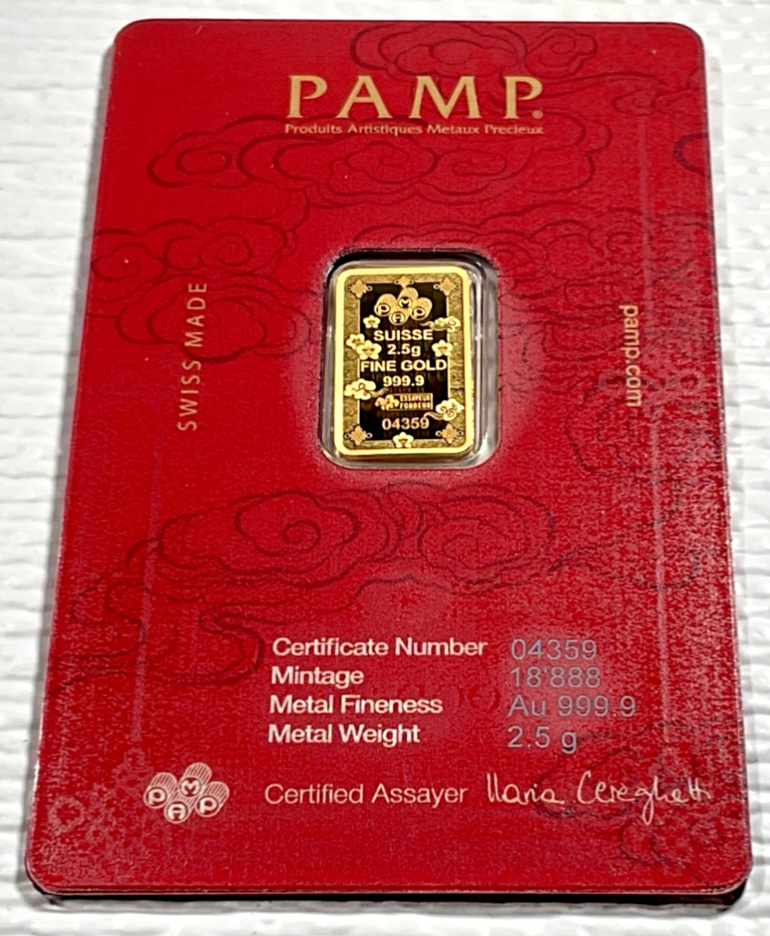 Pamp Suisse Lucky Cat 2.5 Gram .9999 Gold Bar – w/ Assay & Sleeve #4359/18888