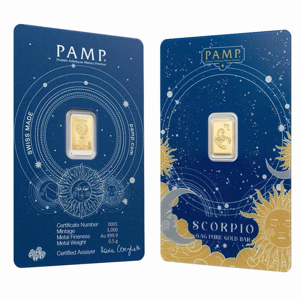 PAMP 1/2 gram Pure Gold Zodiacs SCORPIO Art Bar in Certified Assay Card