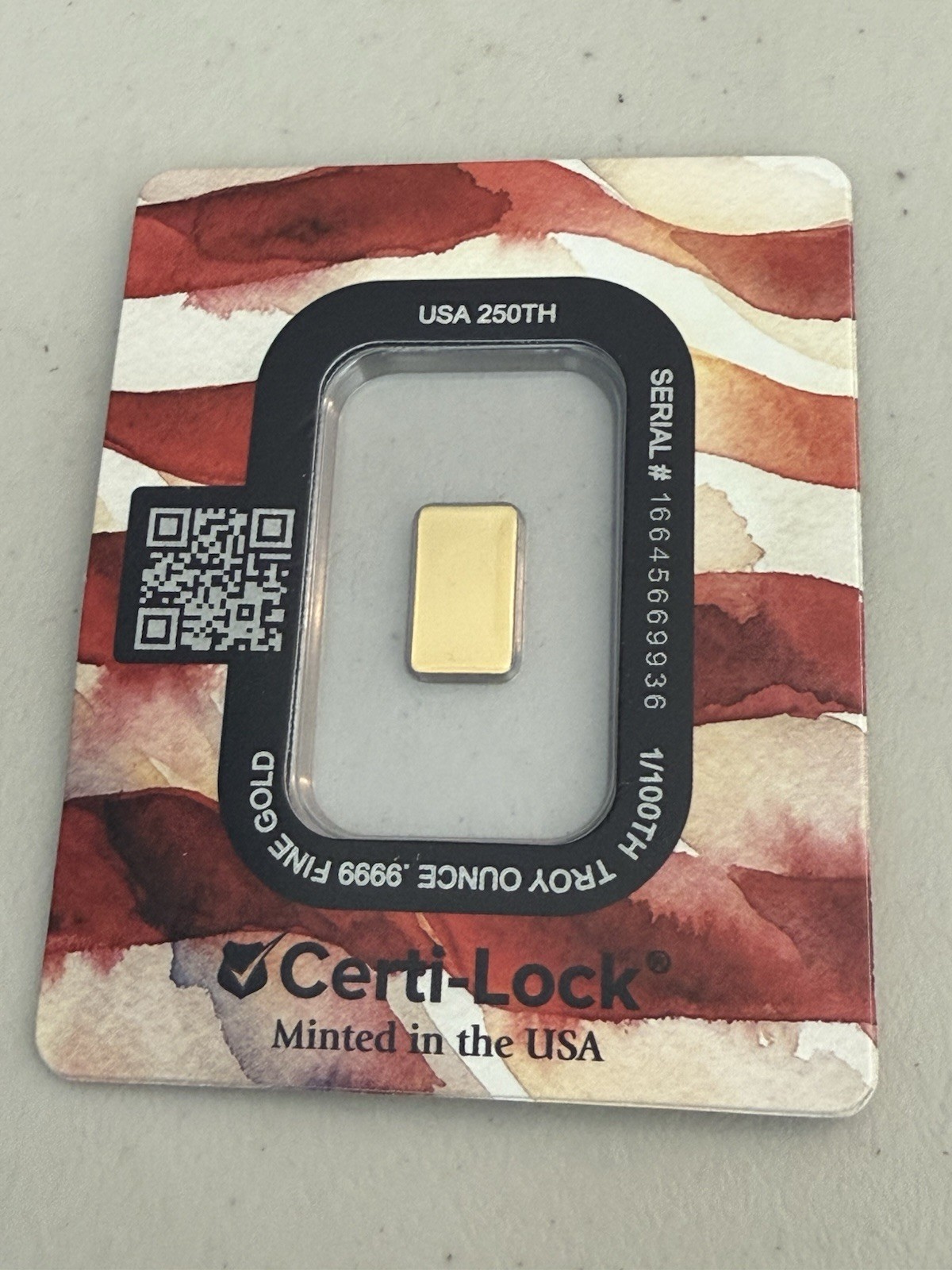 1/100 oz .9999 Gold Bar – USA 250th Anniversary (in Certi-Lock®)